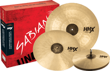 Load image into Gallery viewer, SABIAN 15005XCN HHX Complex 3-pack cymbal set with medium hats, thin crash, and medium ride next to red SABIAN box