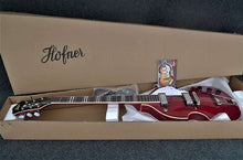 Charger l'image dans la galerie, Hofner Ignition Pro red violin style electric guitar in open box with accessories and Hofner logo on cardboard packaging