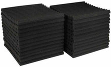 Load image into Gallery viewer, Stacks of black 1-inch thick acoustic studio panel foam wedges for sound absorption and proofing