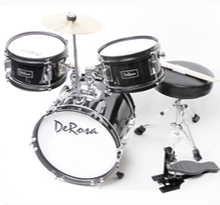 Load image into Gallery viewer, De Rosa USA 3 Piece 12 inch kids junior drum set with bass drum, snare, tom, cymbal, pedal, stool, and sticks
