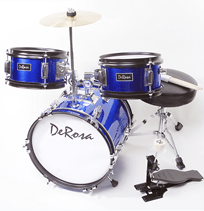 Charger l'image dans la galerie, De Rosa USA 3 piece 12-inch kid's junior drum set with bass drum, snare, tom, cymbal, stool, pedal, and sticks in blue