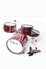 Load image into Gallery viewer, De Rosa USA 3 Piece 12" kids junior drum set with birch wood shells, bass drum, snare, tom, cymbal, pedal, and adjustable stool