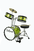 Load image into Gallery viewer, De Rosa USA 3 Piece 12-inch junior kids drum set with bass drum, snare, tom, cymbal, stool, pedal, and sticks in green