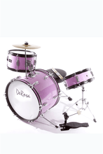 Load image into Gallery viewer, De Rosa USA 3 piece 16-inch kids junior drum set with bass drum, snare, tom, cymbal, pedal, sticks, and stool in purple