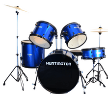 Load image into Gallery viewer, Huntington USA 5 Piece Drum Kit full size blue drum set with cymbals and hardware