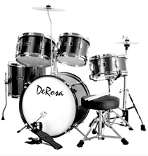 Charger l'image dans la galerie, De Rosa USA 5 Piece 16" kid's junior drum set with birch wood shells, cymbals, stool, sticks, and pedal kit