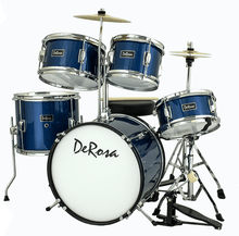 Charger l'image dans la galerie, De Rosa USA 5 Piece 16" Kid's Junior Drum Set with birch wood shells, cymbals, stool, and drumsticks in blue color