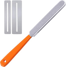 Charger l'image dans la galerie, Fret crowning file with orange rubber handle and stainless steel fingerboard protectors for guitar maintenance