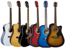 Charger l'image dans la galerie, Six Glen Burton acoustic-electric guitars in different colors including white, natural, black, red, blue, and sunburst with cutaway design.