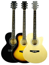 Load image into Gallery viewer, Three Huntington USA Thin Line Dreadnought Cutaway Acoustic Guitars in black, sunburst, and natural wood finish