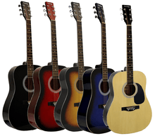 Charger l'image dans la galerie, Huntington USA Dreadnought Guitars in multiple colors including black, red sunburst, brown sunburst, blue, and natural wood finish with steel strings and traditional dreadnought body shape.