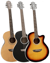 Charger l'image dans la galerie, Three Casme Grand Concert Acoustic Guitars with cutaway in natural, black, and sunburst finish.