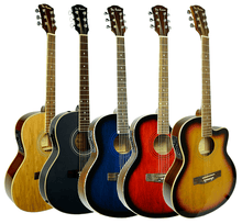 Load image into Gallery viewer, De Rosa USA acoustic-electric thin body guitars in natural, black, blue, red, and sunburst finishes with cutaway design and rosewood fingerboards