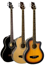Load image into Gallery viewer, Three De Rosa Acoustic-Electric 4 string bass guitars in black, natural, and sunburst finishes with cutaway bodies