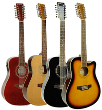 Charger l'image dans la galerie, Four De Rosa 12 string cutaway dreadnought acoustic electric guitars in red, natural, black, and sunburst finishes with spruce tops and rosewood fingerboards.