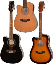 Charger l'image dans la galerie, Three De Rosa 12 string cutaway dreadnought acoustic electric guitars in natural, black, and sunburst finishes, left handed with spruce tops and active EQ.