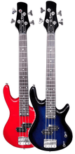 Charger l'image dans la galerie, Glen Burton De Rosa USA Junior 1/2 Size Electric Bass Guitars in red and blue with P-style pickups and 24 fret rosewood fingerboards.