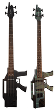 Load image into Gallery viewer, Glen Burton USA AK47 shaped 4-string electric bass guitars in black and camouflage with dual single coil pickups and anodized black hardware