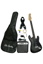 Load image into Gallery viewer, Glen Burton USA black Strat style electric guitar package with amp, gig bag, strap, picks, tuner, cable, and extra strings