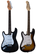 Load image into Gallery viewer, Huntington USA Outlaw left handed electric guitar with basswood body and 3 single coil pickups in black and sunburst finishes