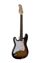 Charger l'image dans la galerie, Huntington USA Outlaw left handed solid body electric guitar with basswood body and 3 single coil pickups in sunburst finish