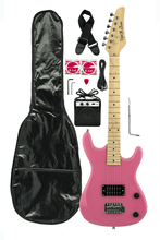 Charger l'image dans la galerie, DeRosa USA Viper Junior 3/4 scale pink electric guitar combo pack with 3 watt amp, gig bag, strap, and accessories for kids