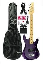 Charger l'image dans la galerie, DeRosa USA Viper Junior 3/4 scale electric guitar combo pack with purple guitar, 3 watt amp, gig bag, strap, picks, and accessories