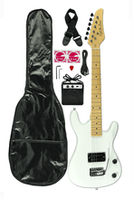 Charger l'image dans la galerie, DeRosa USA Viper Junior 3/4 scale white electric guitar combo pack with amplifier, gig bag, strap, and accessories for kids