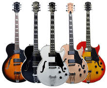 Charger l'image dans la galerie, Five Glen Burton USA Chicago 775 Style hollow body electric guitars in various finishes including sunburst, black, white, natural, and red