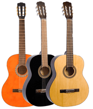 Load image into Gallery viewer, Three Glen Burton classical guitars in orange, black, and natural wood colors displayed side by side with full size 39-inch bodies and rosewood fingerboards.
