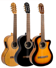 Load image into Gallery viewer, Three Huntington USA Deluxe classical cutaway acoustic electric guitars in natural, black, and sunburst finishes.