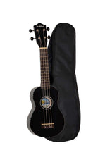 Charger l'image dans la galerie, Hula Beach USA colorful soprano ukulele with basswood body, rosewood fingerboard, smooth geared tuners, and black gig bag.