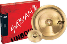 Load image into Gallery viewer, SABIAN XSR5005EB XSR Effects Set 2-Pack cymbals with 10" Splash and 18" Chinese cymbals in gold tone next to red SABIAN box