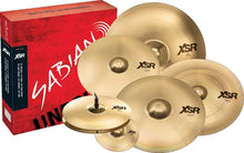 Load image into Gallery viewer, SABIAN XSR5006B XSR 6-Pack Cymbal Set with Splash, Hats, Crashes, Chinese, and Ride cymbals in front of red SABIAN box