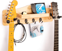 Load image into Gallery viewer, GUITTO Guitar Accessories Wall Hanger Shelf Wood Guitar Wall Mount with 4 Hooks and 2 Racks Holder for Acoustic and Electric Guitar, Bass, Ukulele, Mandolin, Violin, Banjo (GGS-10)
