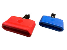 Load image into Gallery viewer, Jam Block Red 6" &amp; Blue 5" Cowbell Plastic with Mounting Clamp &amp; Pair of Stick - SALE ITEM
