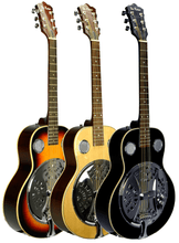 Charger l'image dans la galerie, Three De Rosa USA Resonator Dobro Acoustic Guitars in sunburst, natural, and black finishes with metal resonator cones
