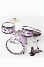 Load image into Gallery viewer, De Rosa USA 3 Piece 12" kids junior drum set with bass drum, snare, tom, cymbal, stool, pedal, sticks, and tuning key
