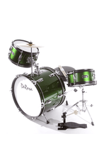 Load image into Gallery viewer, De Rosa USA 3 piece 16-inch kid's junior drum set with bass drum, snare, tom, cymbal, pedal, sticks, and stool in green finish
