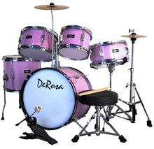 Load image into Gallery viewer, De Rosa USA 5 piece junior kid's drum set with pink birch wood shells and complete hardware.
