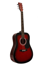 Charger l'image dans la galerie, Huntington USA Dreadnought Guitar full size steel string acoustic guitar with red sunburst finish and chrome tuning pegs
