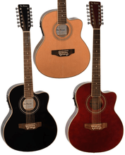 Load image into Gallery viewer, De Rosa USA 12 string thin line acoustic electric guitars with cutaway in natural, black, and red finishes
