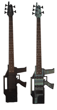 Load image into Gallery viewer, Glen Burton USA AK475 5-string electric bass guitar shaped like a machine gun with dual single coil pickups and black anodized hardware.
