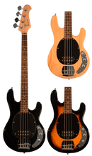Load image into Gallery viewer, Three Glen Burton Electric Bass guitars in natural, black, and sunburst finishes with rosewood fingerboards and MM style humbucker pickups
