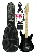 Charger l'image dans la galerie, DeRosa USA Viper Junior 3/4 scale electric guitar combo with black basswood body, maple neck, 3-watt amp, gig bag, strap, picks, and accessories for kids
