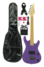Charger l'image dans la galerie, DeRosa USA Viper Junior 3/4 scale purple electric guitar combo pack with 3 watt amp, gig bag, strap, picks, and accessories

