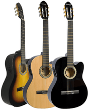 Charger l'image dans la galerie, Three Huntington USA Cutaway acoustic electric classical guitars in sunburst, natural, and black finishes.
