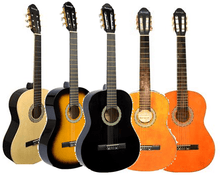 Charger l'image dans la galerie, Huntington USA full size classical guitars with nylon strings in various finishes including natural, sunburst, black, and orange
