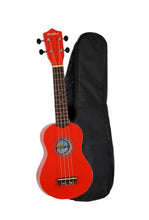 Charger l'image dans la galerie, Hula Beach USA colorful soprano wood ukulele with red basswood body and black nylon gig bag
