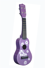 Charger l'image dans la galerie, Purple children soprano ukulele with Hawaiian floral design and wooden soundboard
